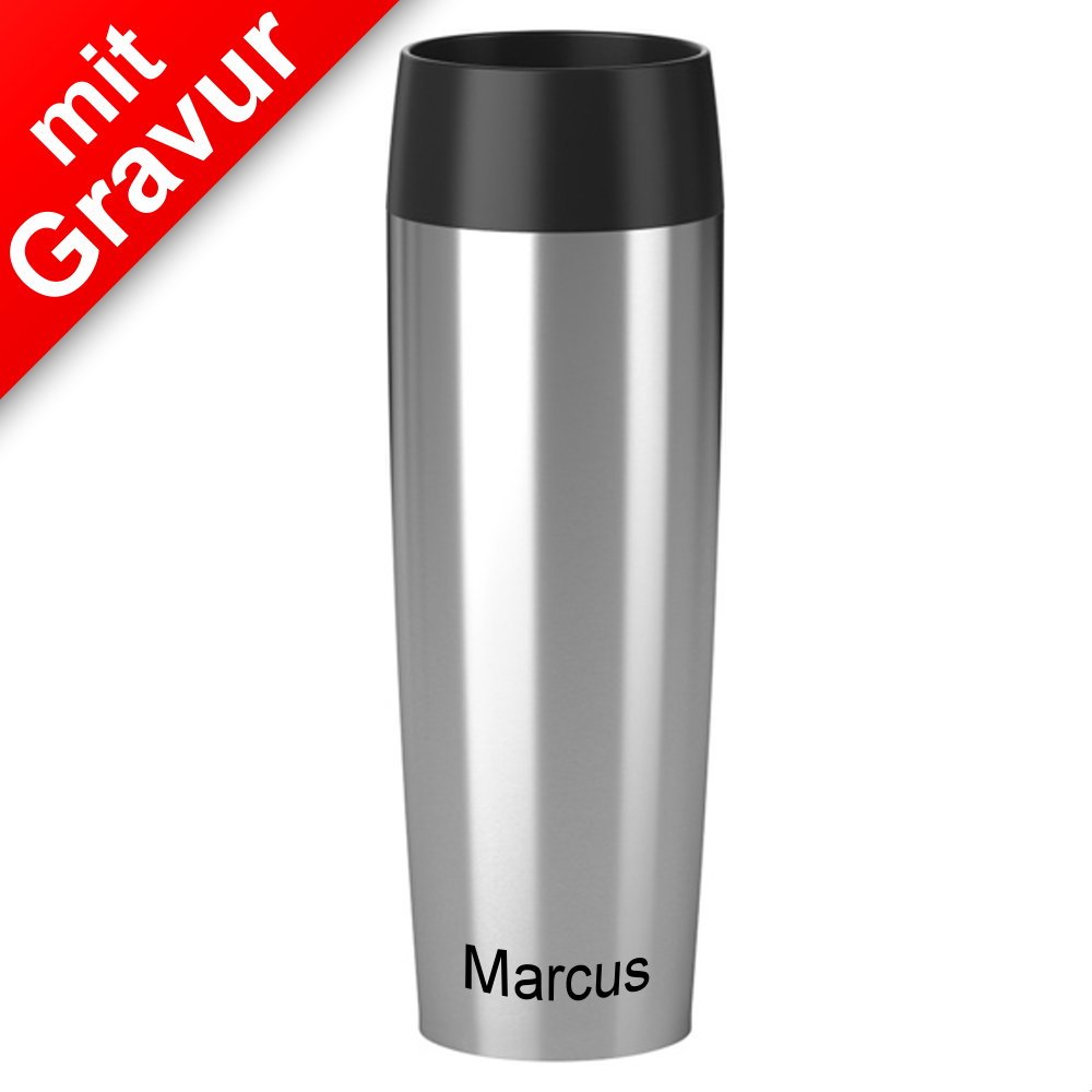 Emsa Isolierbecher MIT GRAVUR - UNTEN - (z.B. Namen) 500ml TRAVEL Mug Grande Manschette Edelstahl Silber mit persönlicher Rundgravur, Travelmug Kaffee & Tee Thermo to-go-Becher 100% auslaufsicher
