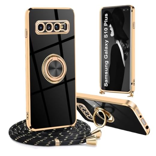 Ptny Handykette für Samsung Galaxy S10 Plus Hülle mit Band, 360 Grad Ring Halter Magnetische Handyhülle, Galvanisierte TPU Schock Schutzhülle, Mode Glitzer Hülle mit Abnehmbar Kordel, Schwarz