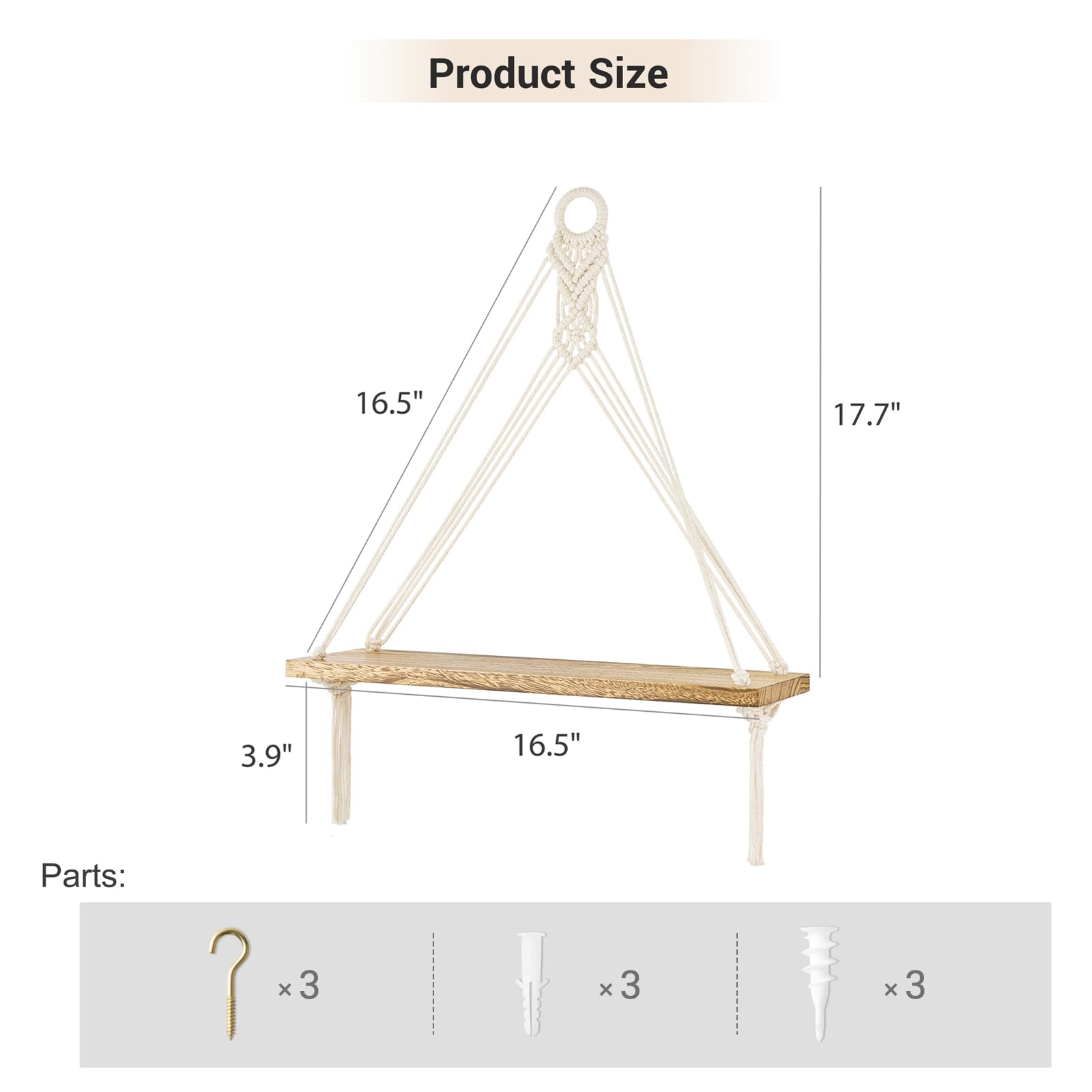 Estantes colgantes de macramé, juego de 3 estantes flotantes de madera rústica para dormitorio, baño, sala de estar, cuarto de bebé, dormitorio, estantería de exhibición para colgar fotos de 5