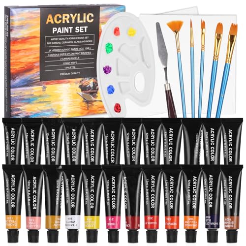 Cexovo 24×12 ml Kit de Pintura Acrilica Acrylic Paint Set Pintura Acrílica, con Pinceles y Paleta,Lienzo y Raspador, Pintura para Tela Lienzo Piedra, Acrilicos para Pintar para Artistas, Principiantes