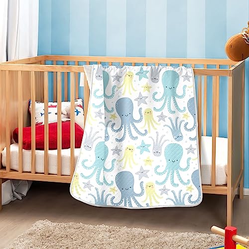 Image of Swaddle Blanket for Blue Octopus with Star Baby Receiving Blanket Muslin Baby Swaddles Soft Cotton Breathable Nursery Blankets for Unisex Boys and Girls 30x40 Inch