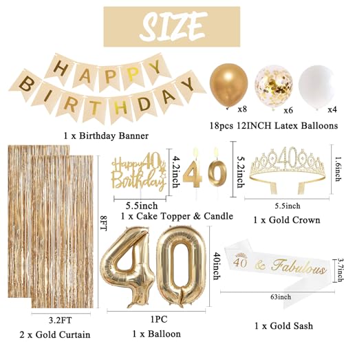 Image of Trgowaul 40th Birthday Decorations for Women, Banner, Sash and Crown, Cake Topper, 40 Number Balloon, Fringe Curtains, Champagne Gold 40th Birthday Party Supplies