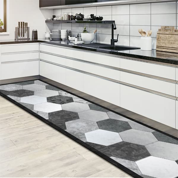 CREARREDA Tapis de Cuisine en PVC Tapis de Cuisine antidérapant, Lavable, Ignifuge et Anti-Rayures 100% Made in Italy Tapis de cuisineGrey Exagons 50x120
