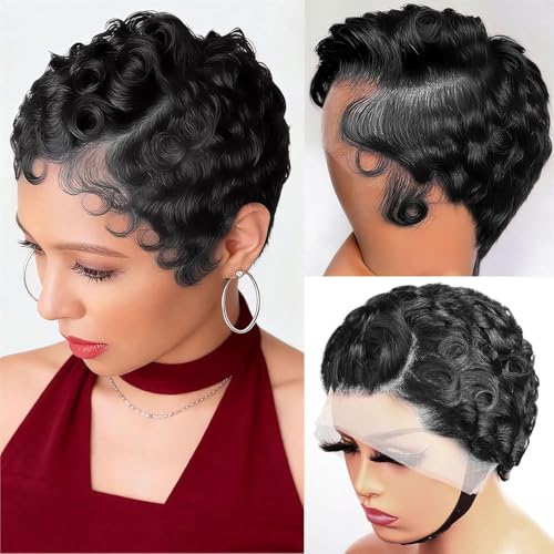Curly Pixie Cut 13x4 Lace Front Wig Human Hair Wigs 13x4 HD Lace Frontal Wigs Short Layered Curly Glueless Wig Pre Plucked Deep Wave Pixie Cut Human Hair Wigs with Bang for Black Women Natural Balck