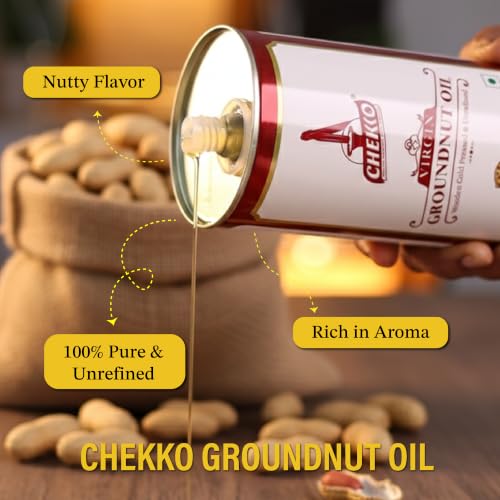 Image of Chekko Cold Pressed Groundnut Oil 2 Litre | Wood Pressed Peanut Oil | 100% Pure, Unrefined & Filtered | Kachi Ghani groundnut oil | Natural Cooking Oil for Frying & Daily Use (1 Litre*Pack of 2)