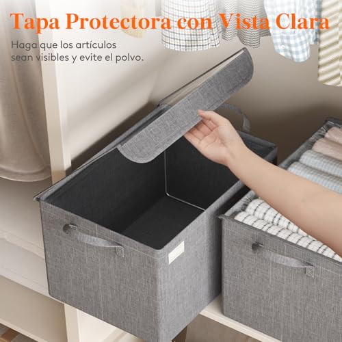 Lifewit Cajas de Almacenamiento de Tapa Transparente, Cesta Almacenaje de Tela Apilable con Asas, Organizador Guardar Ropa de Armario Oxford Catiónico Plegable para Casa, Oficina, Mediano, 4 Piezas - imagen 2