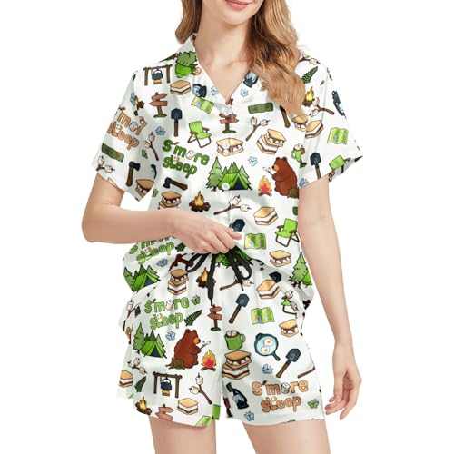 Image of Silk Satin Pajama Set for Women Summer Lounge Pjs Sets 2 Piece Suit Ladies Button Down Tops And Shorts Sleepwear