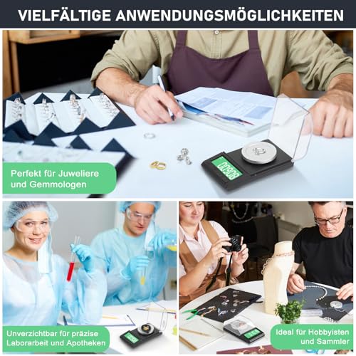 Diyife Feinwaage 0.001g/100g, Wiederaufladbare Milligramm Waage, Kleine Taschenwaage Digitalwaage, Gewürzwaage, 8 Einheiten, für Pulvern, Schmuck, Kräuter, Tee, Hefe, mit Cal-Gewicht, Pinzette