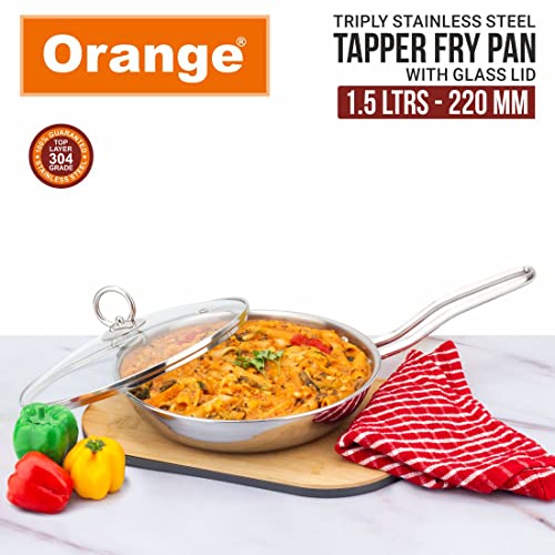 Image of Orange Triply Stainless Steel Fry Pan with Riveted Cast Long Handle with Glass Lid |1.5 Litre, 22 cm Diameter | Heavy Bottom | Gas top and Induction Bottom Friendly | 5 Year Warranty