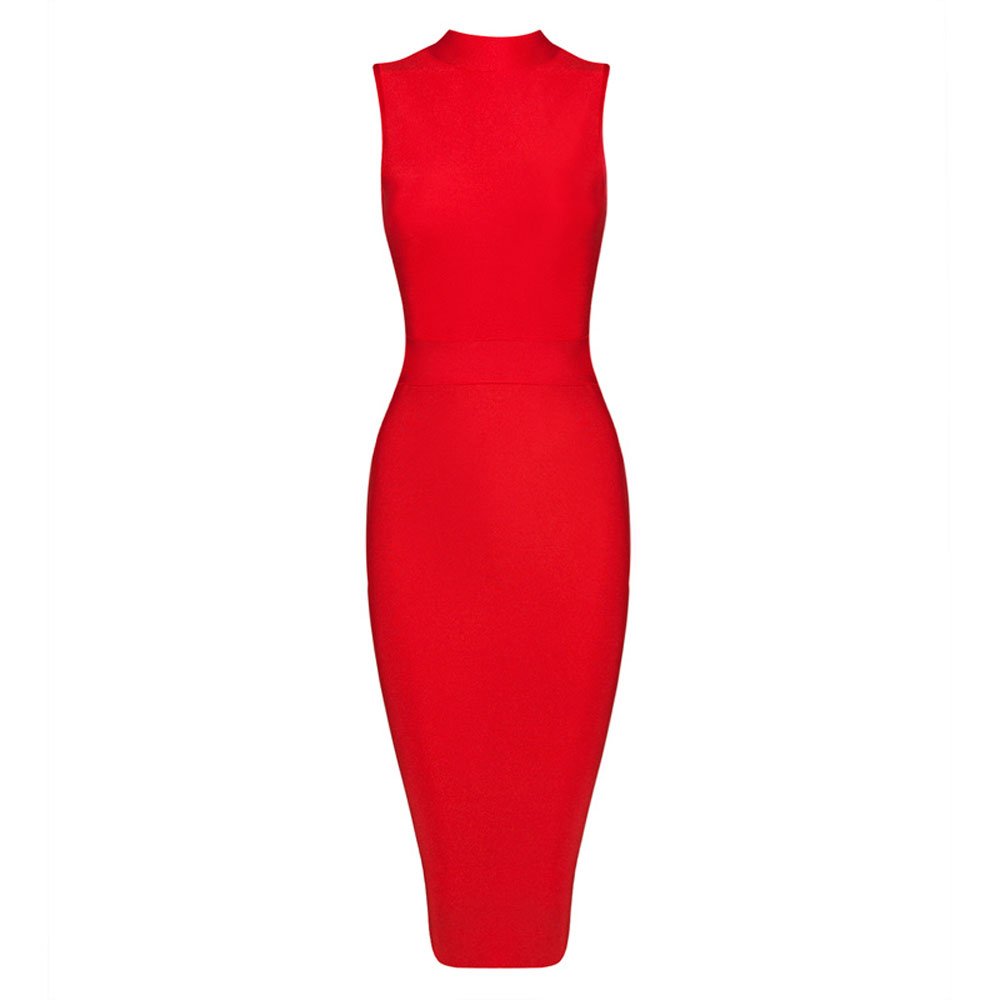 Sukienka bez rękawów z wysokim dekoltem Bodycon Rayon Bandaż, Czerwony, XS