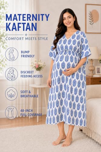 Image of Noty Women's- Kaftan | Maxi | Maternity | Feeding | Delivery Gown- Cotton Fabric- V Neck | Floral Print | 2 Pockets | Midi