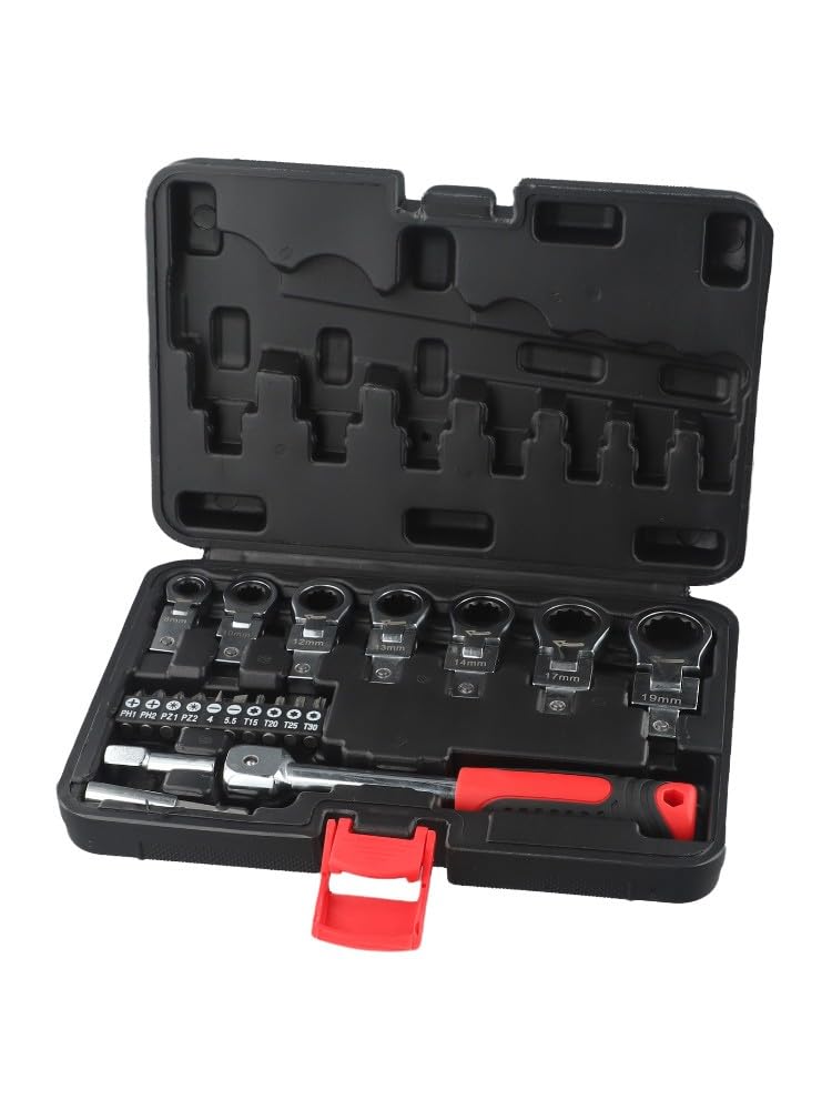 Set di 20 chiavi a cricchetto con punte per cacciavite, dimensioni testa 8-19 mm e punte Torx/PH/PZ, per riparazione auto e bici, custodia inclusa