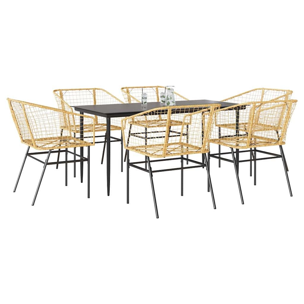 Set da 7 pezzi da giardino con polyrattan marrone e tavolo in vetro, composto da 6 sedie con braccioli e un tavolo, telaio in acciaio verniciato a polvere, robusto