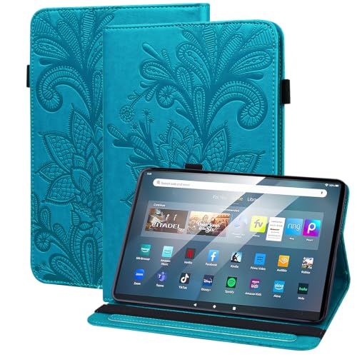VODEFOX Case for Amazon Kindle Fire Max 11 Case (13th Generation, 2023) 11",PU Leather Folio Stand Embossed Lace Flower Stand Cover for Fire Max 11 Tablet - Blue