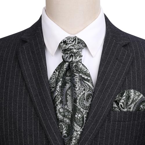 Image of HISDERN Ascot Ties for Men Paisley Floral Ascot and Pocket Square Set Classic Self Tie Mens Cravat Handkerchief for Wedding