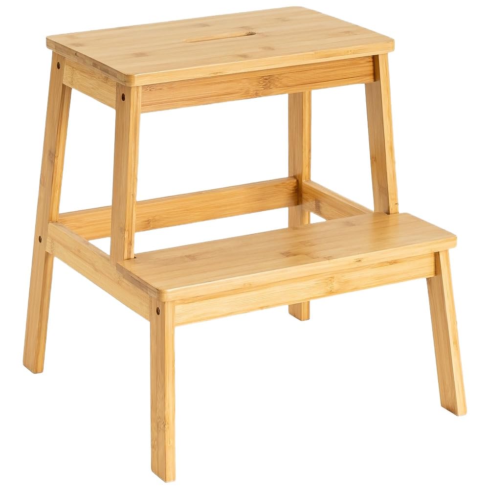 LOLAhome - Escalera de bambú de 2 peldaños, Estilo nórdico, con escalón de 2 Alturas, Ideal como Taburete para Cocina o baño de 43 x 43 x 47 cm. Fácil Montaje. Resistencia 150 kg