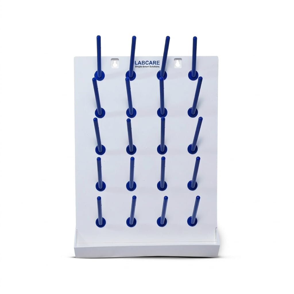 LABCARE 20 Pegs Laboratory Draining Rack - Wall Mount Labware Drying Stand with Drip Collection Tray, White Base/Blue Pegs, Durable PP for Science Lab/Schools-image-41