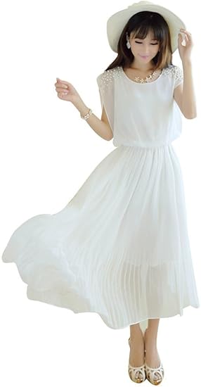 Amazon Lecpra レクプラ プリーツ パールビーズ ロング ドレス ワンピース レディース 桃 白 黒 S M L Xl Xxl マキシ M ホワイト イブニングドレス 通販