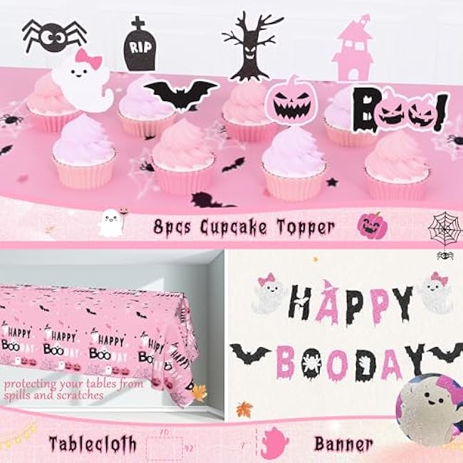 Pink Happy Boo Day Party Decorations, Halloween Birthday Party Decorations Girls, Happy Spooky Booday Balloon Garland Backdrop Ghost Spider Web Banner Topper Bat for Halloween Boo Party Supplies Girl