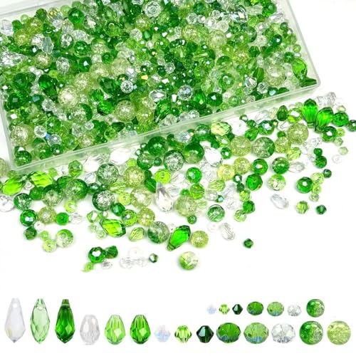 1000pcs Green Glass Beads for Jewelry Making - Assorted Styles Craft Crystal Glass Beads (Teardrop Bicone Rondelle Crackle Round) DIY Bracelet Necklace Earring Craft Kit with Organizer Box