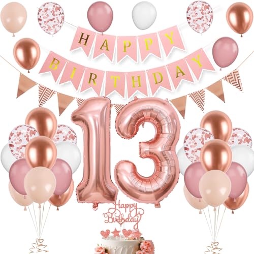 Décorations de 13e anniversaire pour filles – Ballons or rose, rose et blanc avec ballon en aluminium en forme de chiffre 13, bannière « Happy Birthday » et décoration de gâteau pour décoration de