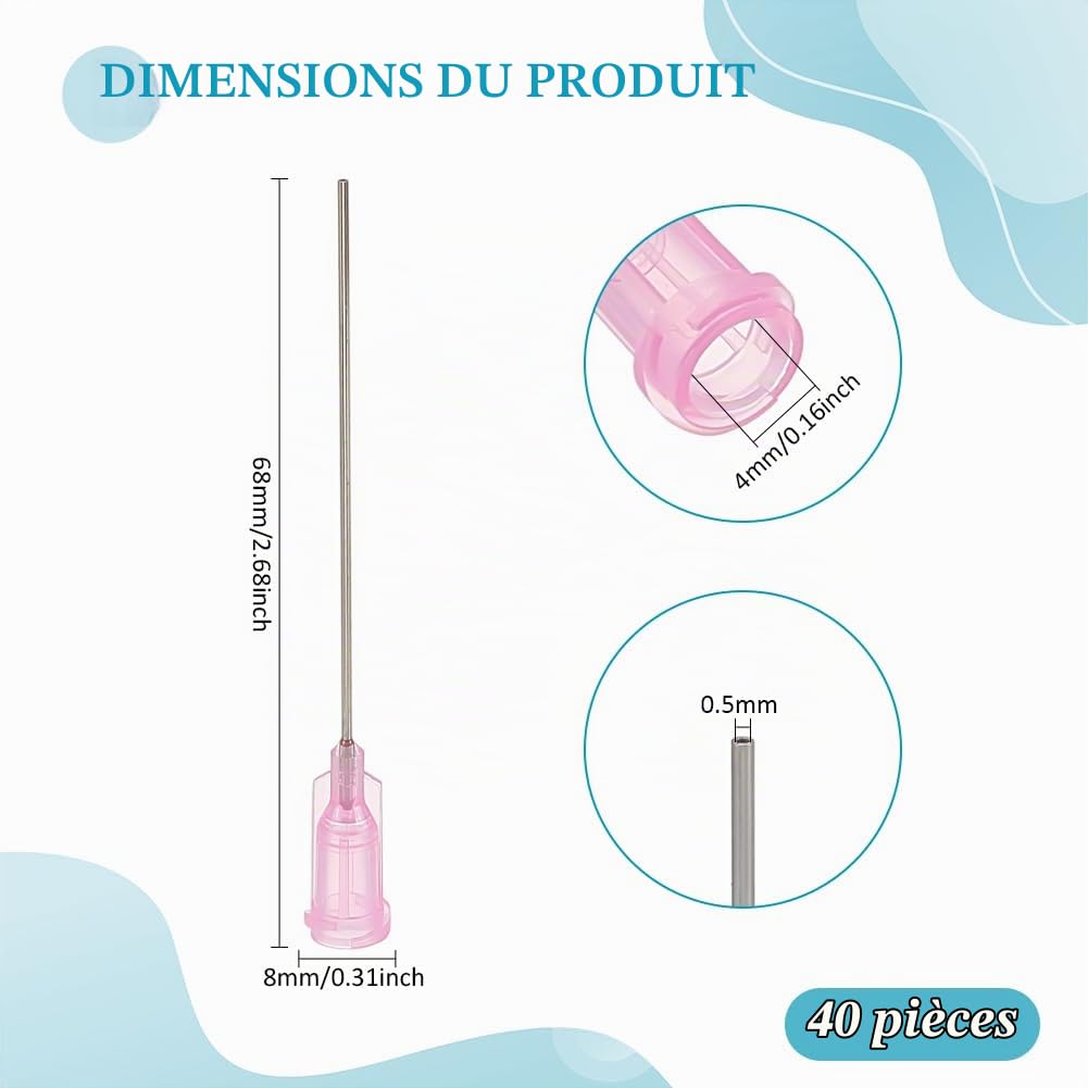 FINGERINSPIRE 40Pcs Aiguille de Distribution à Pointe Émoussée 20G | Avec Luer Lock, 68mm de Long, Plastique, Rose, 304 Broches en Acier Inoxydable, pour Remplissage Encres Liquides et Colle