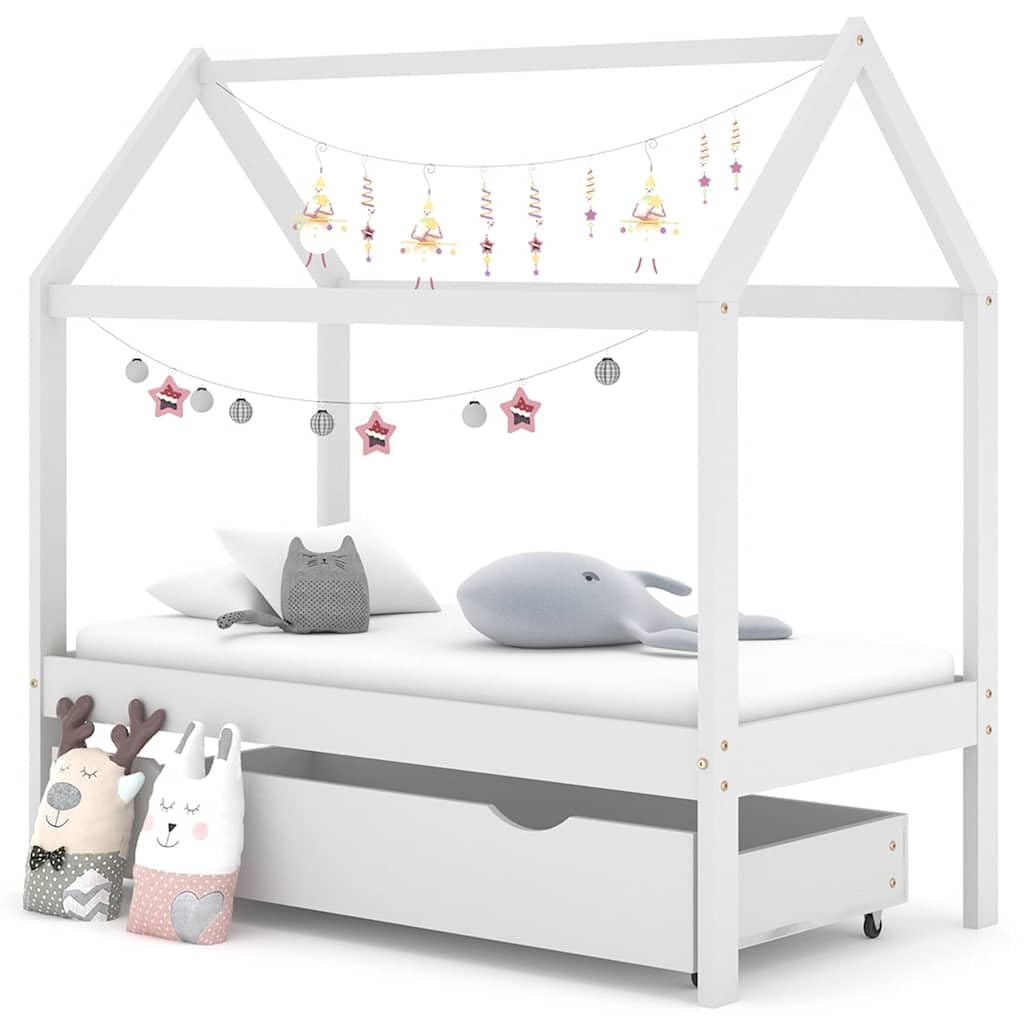 Kinderbett mit Schublade in Weiß aus Massivholz Kiefer 70x140 cm für Kleinkinder, stabiles Bettgestell mit Stauraum, höhenverstellbar, umbaubar, und Kinder