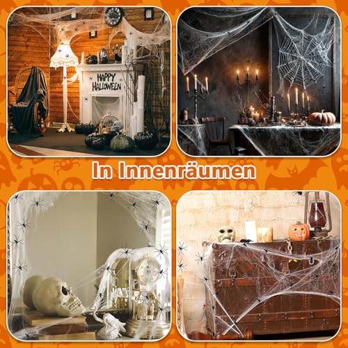 Halloween Spinnennetz Deko Outdoor im Dunkeln leuchtende- 200g Dehnbar Spinnennetz deko Mit 30 Stück Realistische Kunststoff Spinnen, Permanente Elasticität Fuer Garten Partys Spukhaus, Hof Dekoration