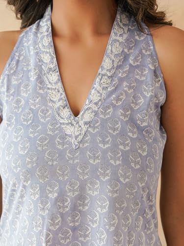 Image of GOODHAND Chic Cotton Halter Kurti with Timeless Block printsPerfect for Casual outings or Festive Flair-Where Traditional Charm Meets Modern Silhouette