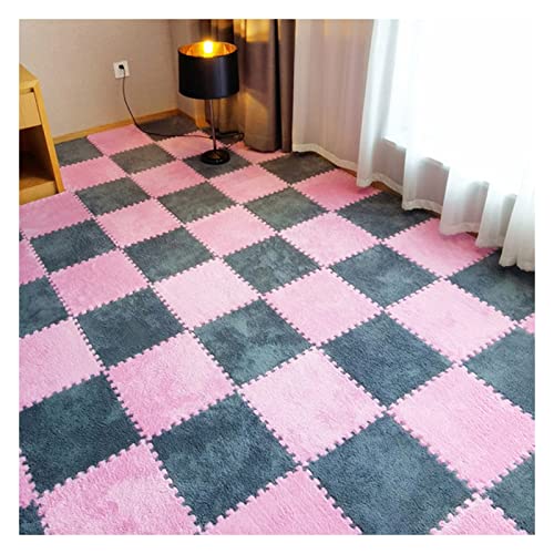 30 Pcs Interlocking Foam Mats,Plush Puzzle Floor Mat,Interlocking Floor Carpet Tiles with Border,Shaggy Area Rug for Bedroom,12X12 Inch,Pink+Grey