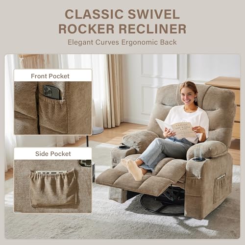 Image of Manual 360Swivel Rocker Recliner Chair,Single Recliner Seat with Cup Holders,Recliner Chairs for Adults, Upholstered Fabric Lazy Boy Recliner for Bedroom,Living Room,Brown