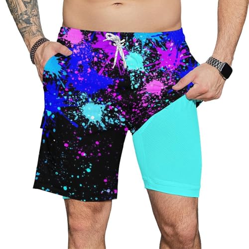 CHILL·TEK Men's Swim Trunks with Compression Liner, Splatter Beach Shorts for Men Quick Dry Swimming Shorts for Surfing