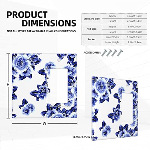 Blue White Floral 2 Gang Single Blank Rocker Comb Receptacle Outlet Light Switch Cover Decorative Wall Plate For Girls Women Bathroom Living Room Kitchen Home Decor #TOP3