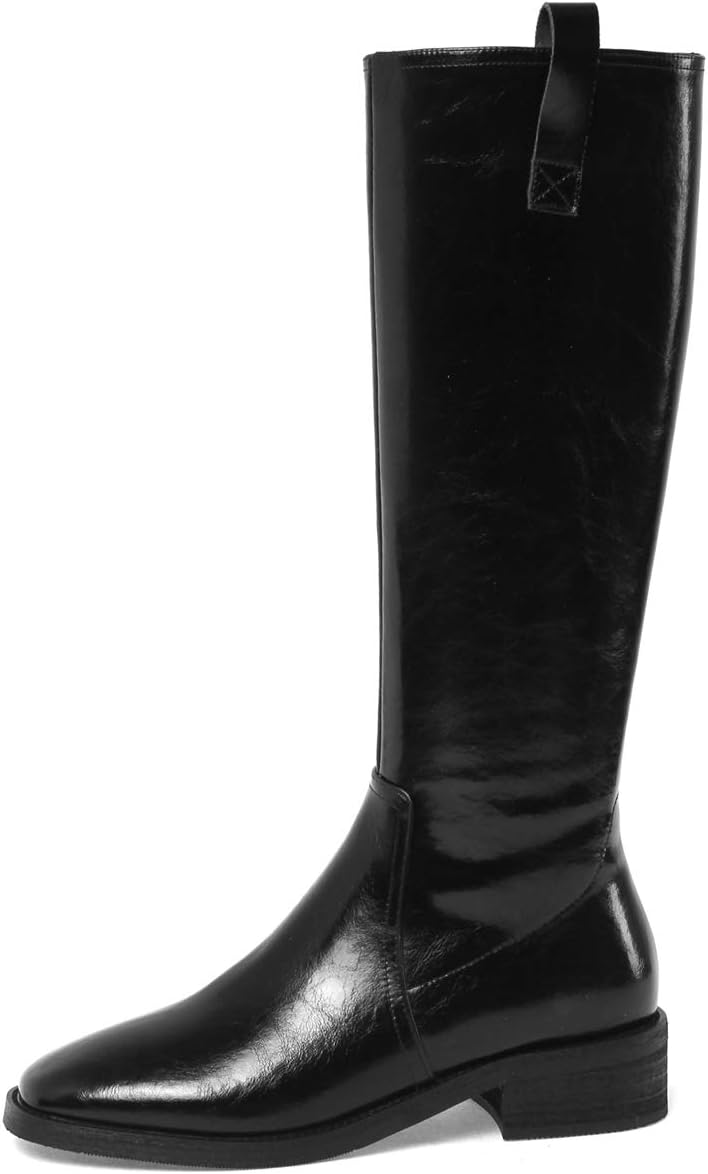 TinaCus Women's Handmade Genuine Leather Round Toe Low Block Heel Side Zip Up Western Style Knee High Riding Boots