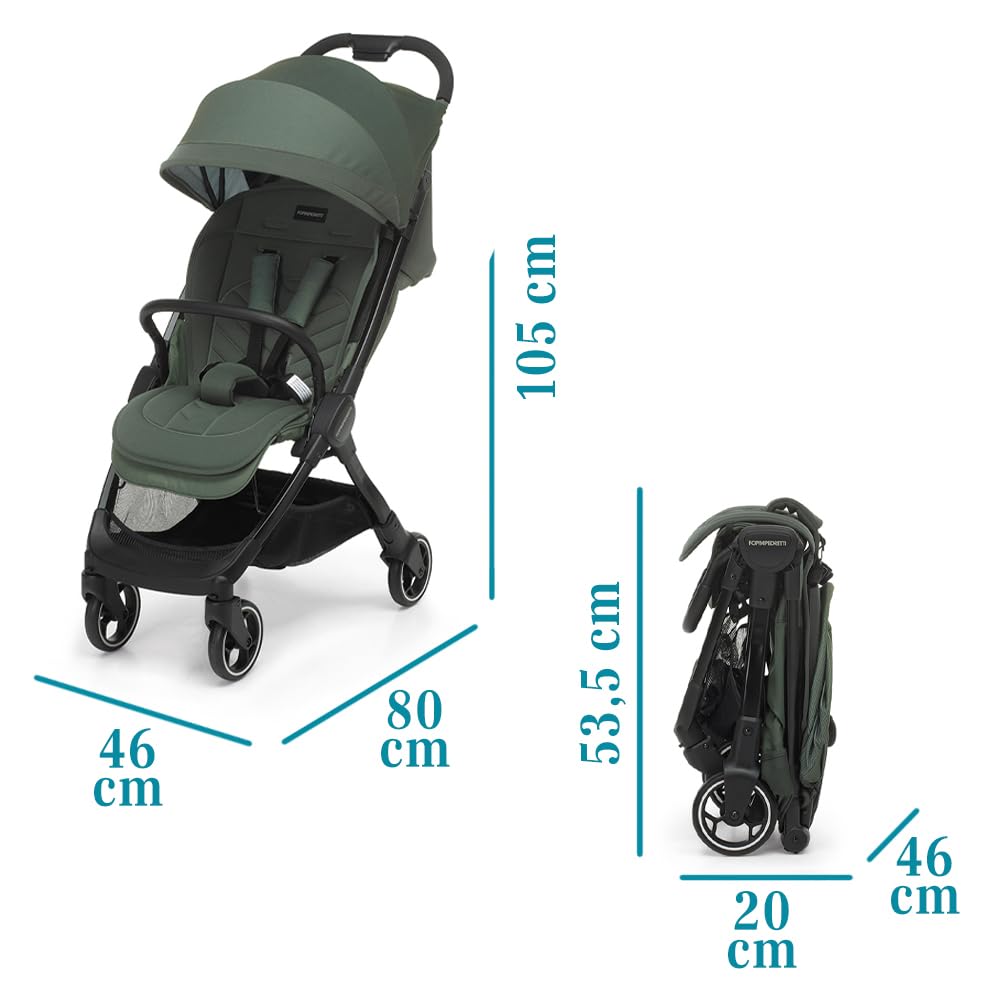 Foppapedretti Poussette légère Ciao, pour enfants de 0 à 22 kg (0 à 4 ans), fermeture à 1 main, autonome, dossier réglable, roues amorties, porte-objets, cadre en aluminium, Forest