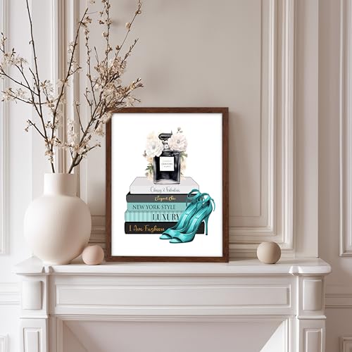 Image of Poster Master Fashion Print - Blue Designer Poster - Shoes & Perfume Art - Chic Gift for Her & Fashionista - Luxury Haute Couture Decor for Bedroom or Girl's Room - 8x10 Brown Framed