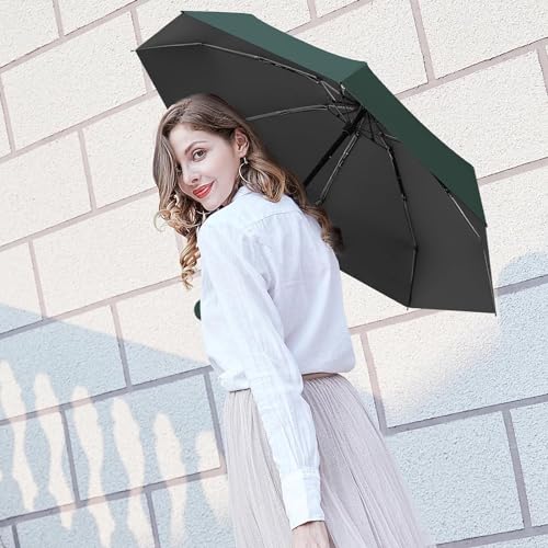 Image of Umbrella, UV Big Size Umbrella for Sun Protection Rain Windproof Strong large 2 fold for men women kids boys girls Perfect small & stylish Windproof & Compact (Black.) (Dark Green.)