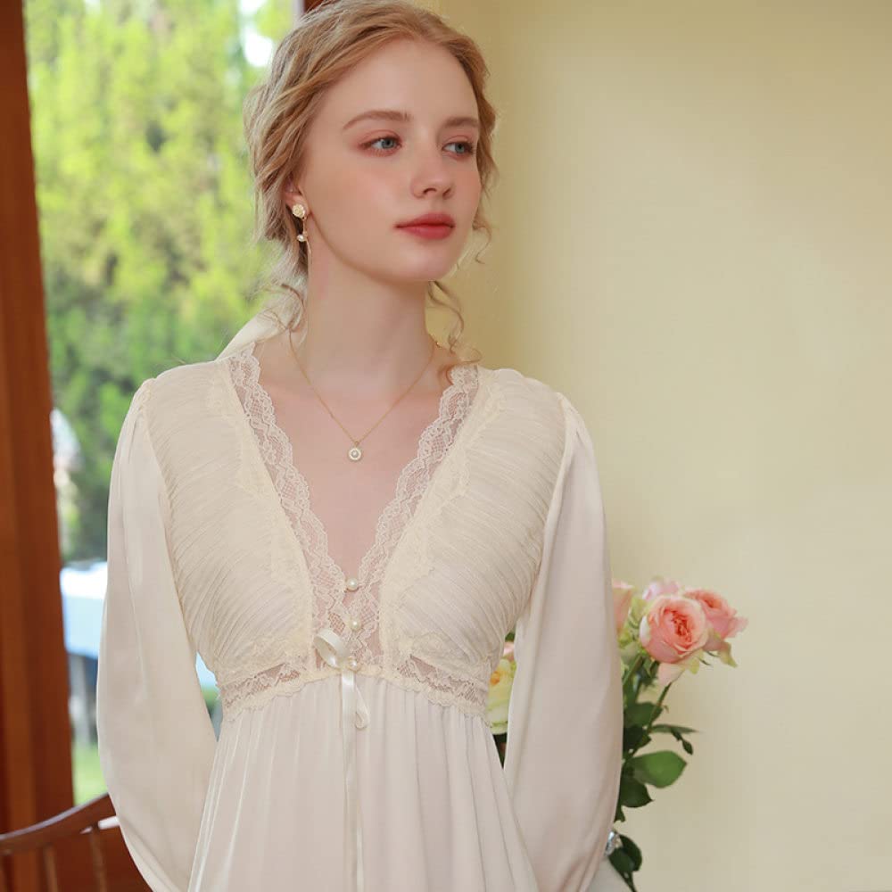 Nachthemd,Damen-Nachthemden, Beige, Satin, V-Ausschnitt, Hohle Spitze, Nähte Mit Knöpfen, Sexy Schlafhemd, Weiches, Bequemes, Langärmliges Nachthemd, Loungewear Für Damen, Mädchen, Pyjama-Party