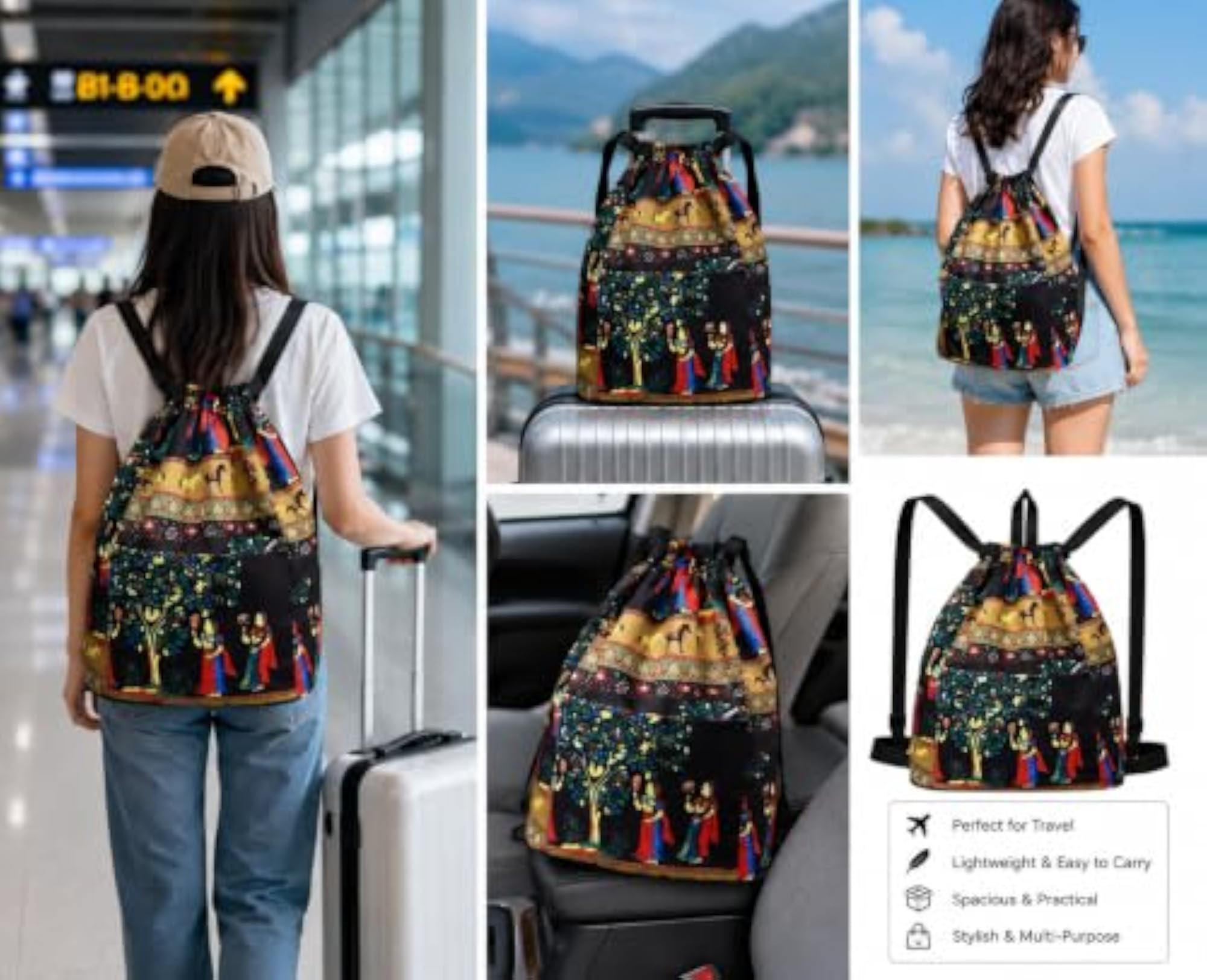 Foldable Drawstring Backpack with Rajasthani Print