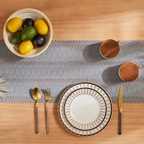 Image of ZeeMart Macrame Style Boho Table Runner, 12x36 Inch Light Blue Grey | Woven Boho Table Runner with Handmade Tassels, Crochet Hollow Table Scarf, Farmhouse Kitchen Home Decor Dresser Runner