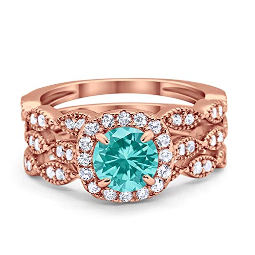 Blue Apple Co. Rose Tone, Simulated Paraiba Tourmaline CZ Size-8 Halo Art Deco Three Piece Wedding Engagement Bridal Set Ring Band Round Simulated Cubic Zirconia 925 Sterling Silver