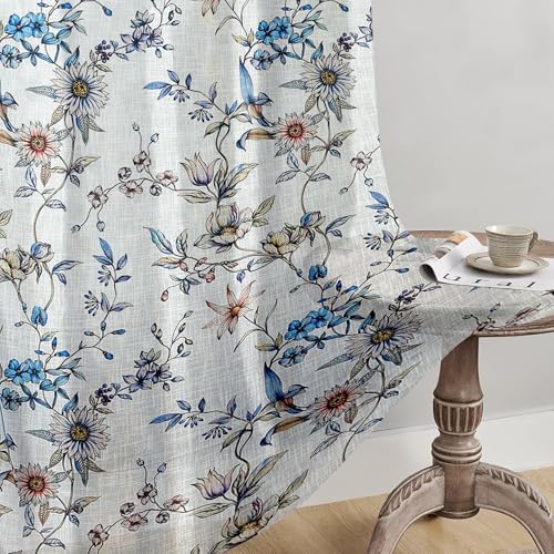Image of Cortina Linen Printed Sheer Curtain Set of 2 Eyelet Ring Hanging, Floral Printed Curtains Non Blackout Light Filtering Curtains (White, 9FT)
