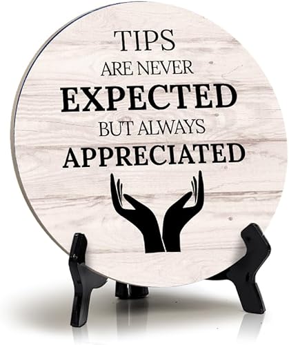 Sign ByLITA - Letrero de mesa circular con texto en inglés "Tips Are Never Expected But Always Appreciated", color madera, cartel de mesa circular
