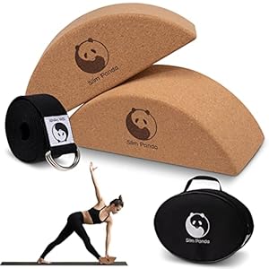 Slim Panda Cork Yoga Blocks 2 Pack, Half Round Natural Cork High Density Yoga Blocks with Strap, 2 Pack Non-slip Eco-Friendly Yoga Blocks, Lightweight Yoga Bricks for Stretching, Balance, Pilates