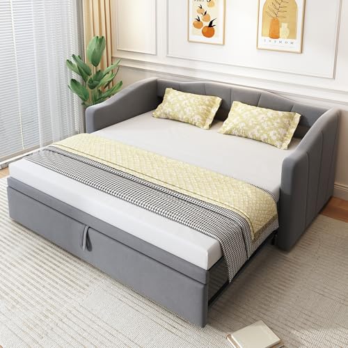 Kayan Polsterbett Ausziehbares Schlafsofa 90/180 * 200 cm mit Lattenrosten, Multifunktionsbett aus hautfreundlichem Samtstoff (Grau)