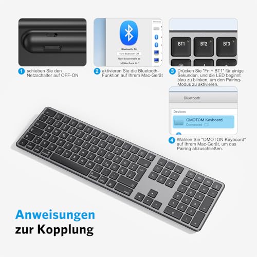OMOTON Bluetooth Mac Tastatur, Vollformat mit Ziffernblock,QWERTZ, Grau – Ansicht 4