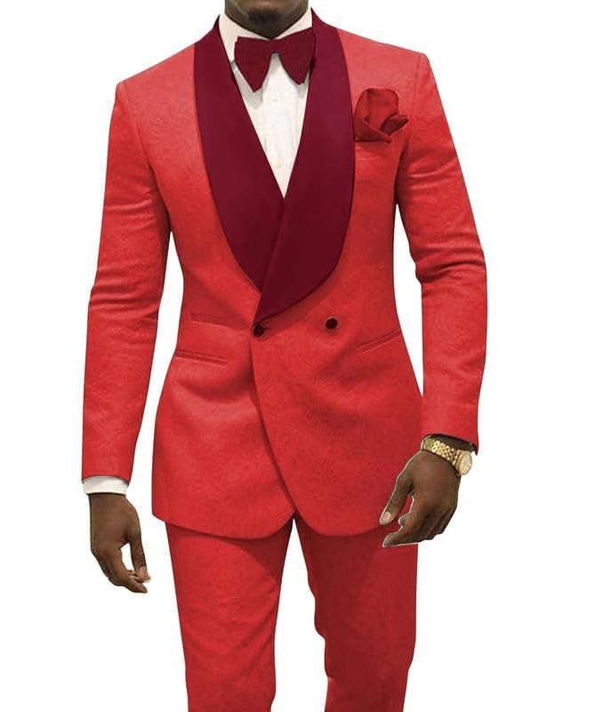 Men's 2 Piece Double Breasted Shawl Lapel Suit Jacquard Tuxedo for Wedding Business Blazer Casual Suit ALV232