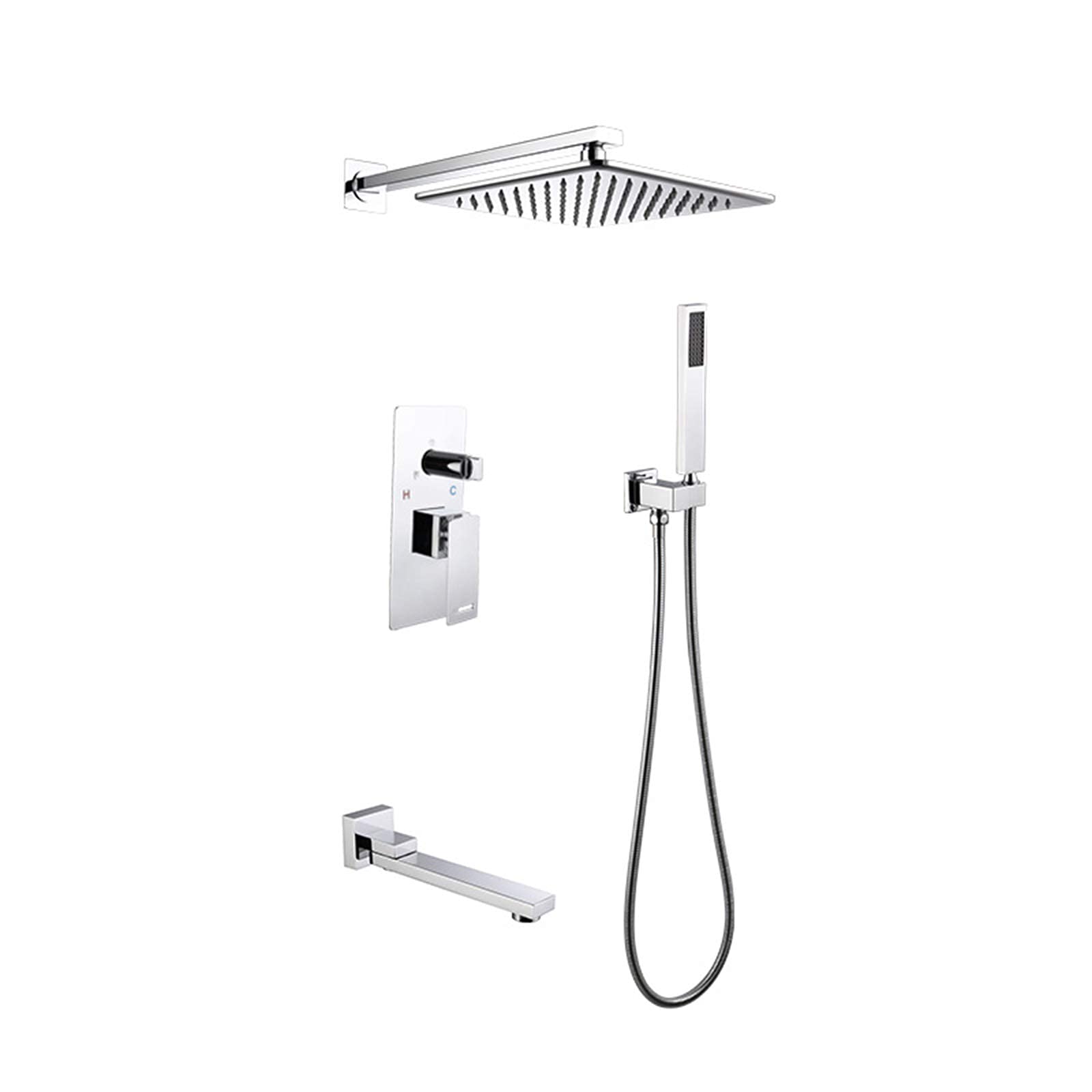 Set Combinato Doccia con Miscelatore a Pioggia a Incasso, Rubinetto Doccia da Bagno a Parete con soffione Quadrato da 10 Pollici, doccetta a Mano, Bocca di erogazion,
