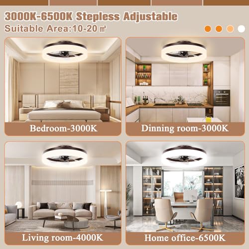 Image of VOLISUN Low Profile Ceiling Fans with Lights and Remote,15.7in Modern Ceiling Fan Flush Mount, 3000K-6500K Dimmable Bladeless LED Fan Light,Brown Fandelier Ceiling Fans with Lights for Bedroom