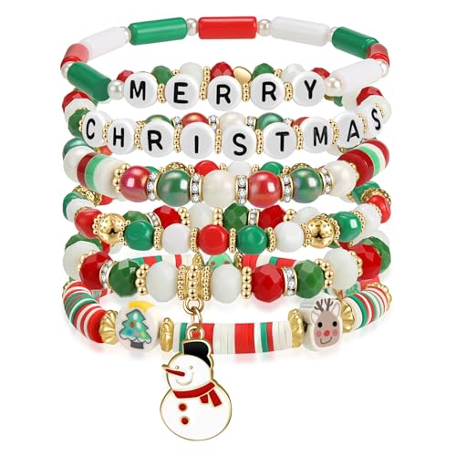 pVq Christmas Bracelets for Women Beaded Stretch Bracelet Holiday Charm Bracelets Jewelry Gifts Christmas stocking stuffers accessories (6 Piece Set)